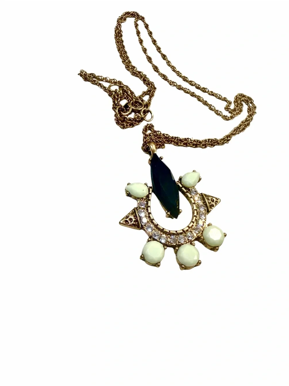 Authentic Signed J.Crew Horseshoe Statement Necklace Gold Green Navy Crystal